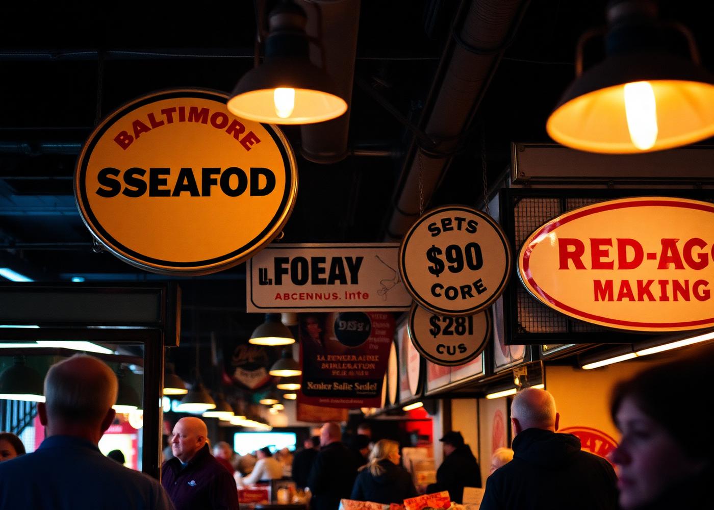 Historic Baltimore seafood market stall with hanging signs